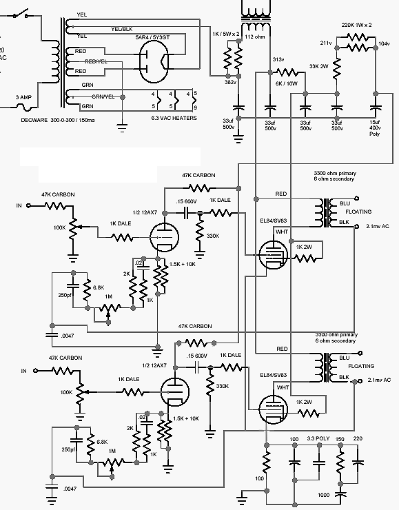 Note: Schematic ERROR - Pins 2 and 9 are reversed on the output tubes.